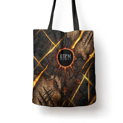 Aten Tote Bag Ancient Egyptian Cracked Stone Hieroglyph, Solar Eclipse Emblem, and Radiant Sunburst - African Pride