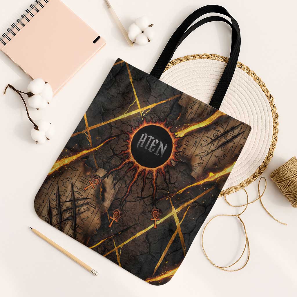 Aten Tote Bag Ancient Egyptian Cracked Stone Hieroglyph, Solar Eclipse Emblem, and Radiant Sunburst - African Pride
