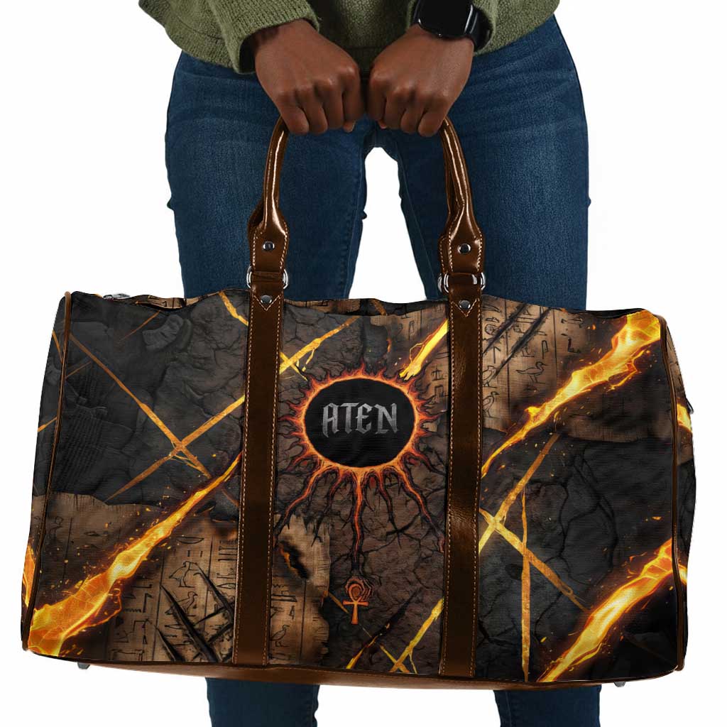 Aten Travel Bag Ancient Egyptian Cracked Stone Hieroglyph, Solar Eclipse Emblem, and Radiant Sunburst - African Pride
