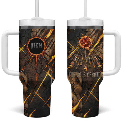 Aten Tumbler With Handle Ancient Egyptian Cracked Stone Hieroglyph, Solar Eclipse Emblem, and Radiant Sunburst - African Pride