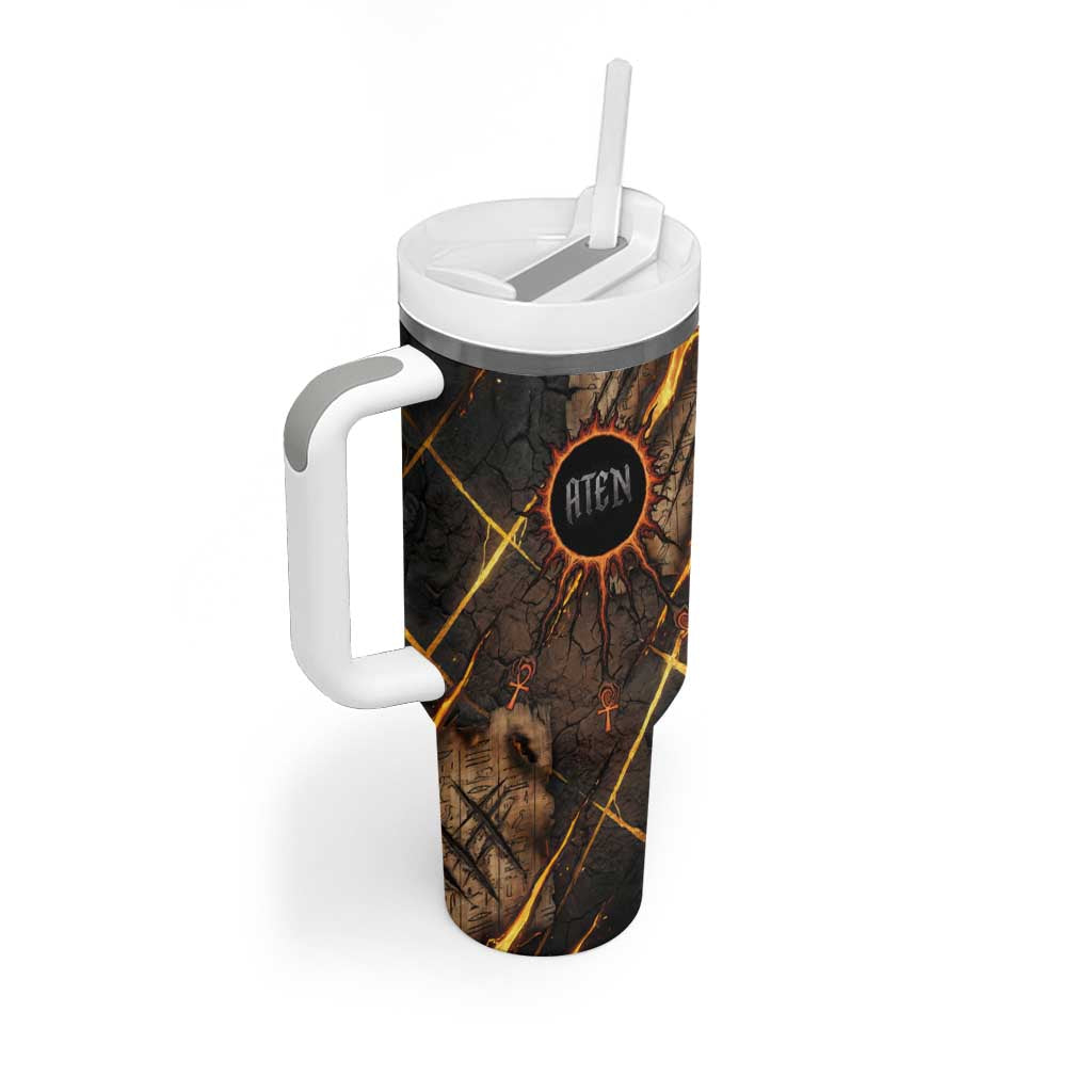 Aten Tumbler With Handle Ancient Egyptian Cracked Stone Hieroglyph, Solar Eclipse Emblem, and Radiant Sunburst - African Pride