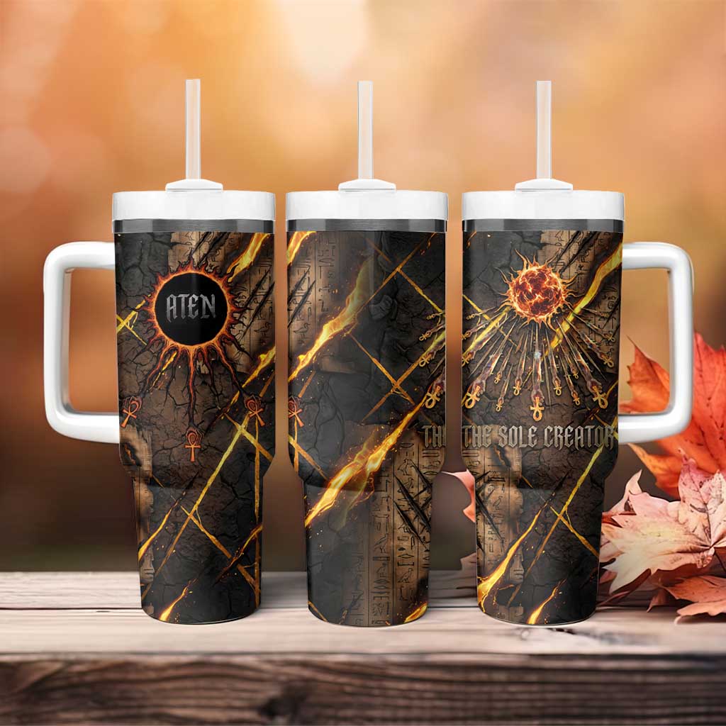 Aten Tumbler With Handle Ancient Egyptian Cracked Stone Hieroglyph, Solar Eclipse Emblem, and Radiant Sunburst - African Pride