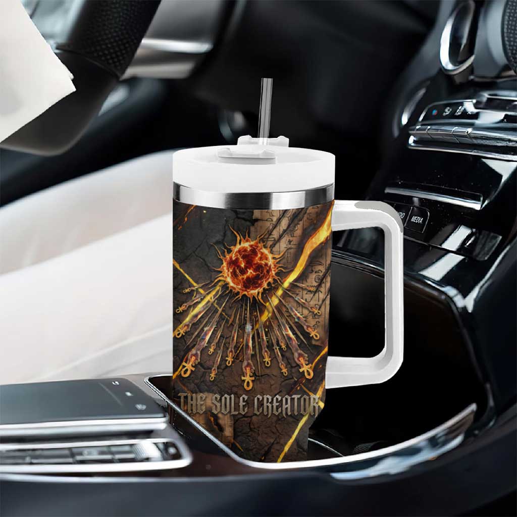 Aten Tumbler With Handle Ancient Egyptian Cracked Stone Hieroglyph, Solar Eclipse Emblem, and Radiant Sunburst - African Pride