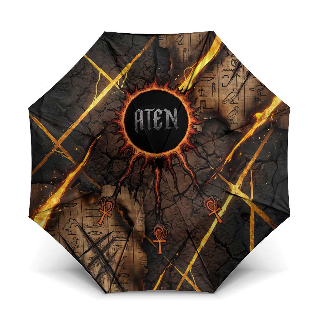 Aten Umbrella Ancient Egyptian Cracked Stone Hieroglyph, Solar Eclipse Emblem, and Radiant Sunburst - African Pride