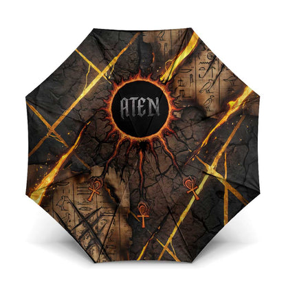 Aten Umbrella Ancient Egyptian Cracked Stone Hieroglyph, Solar Eclipse Emblem, and Radiant Sunburst - African Pride