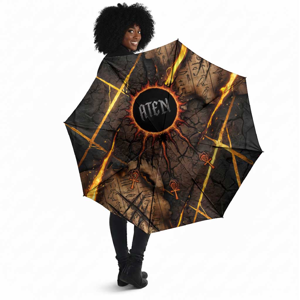Aten Umbrella Ancient Egyptian Cracked Stone Hieroglyph, Solar Eclipse Emblem, and Radiant Sunburst - African Pride