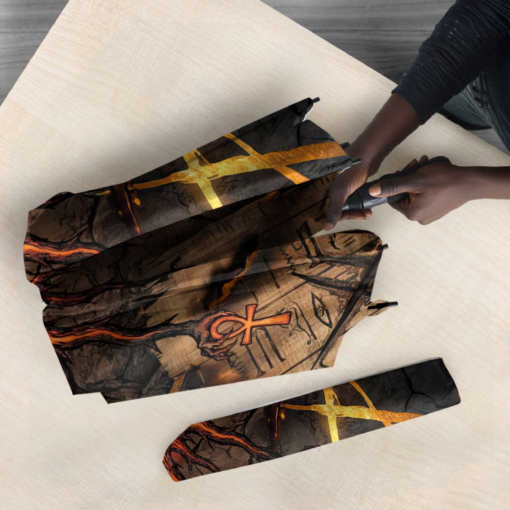 Aten Umbrella Ancient Egyptian Cracked Stone Hieroglyph, Solar Eclipse Emblem, and Radiant Sunburst - African Pride