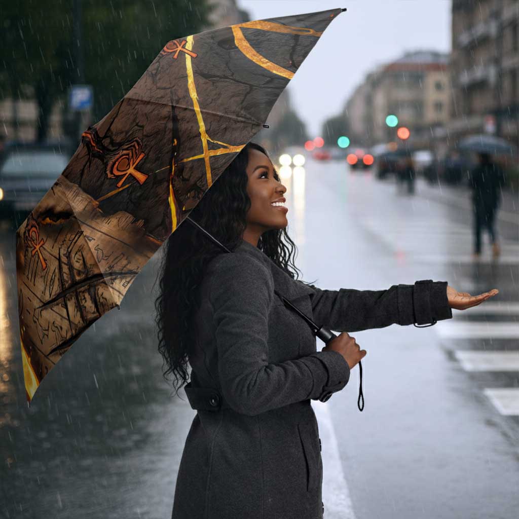 Aten Umbrella Ancient Egyptian Cracked Stone Hieroglyph, Solar Eclipse Emblem, and Radiant Sunburst - African Pride