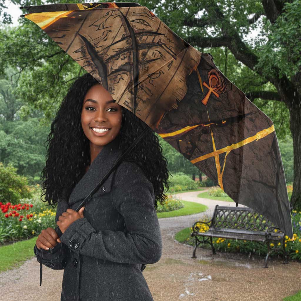 Aten Umbrella Ancient Egyptian Cracked Stone Hieroglyph, Solar Eclipse Emblem, and Radiant Sunburst - African Pride