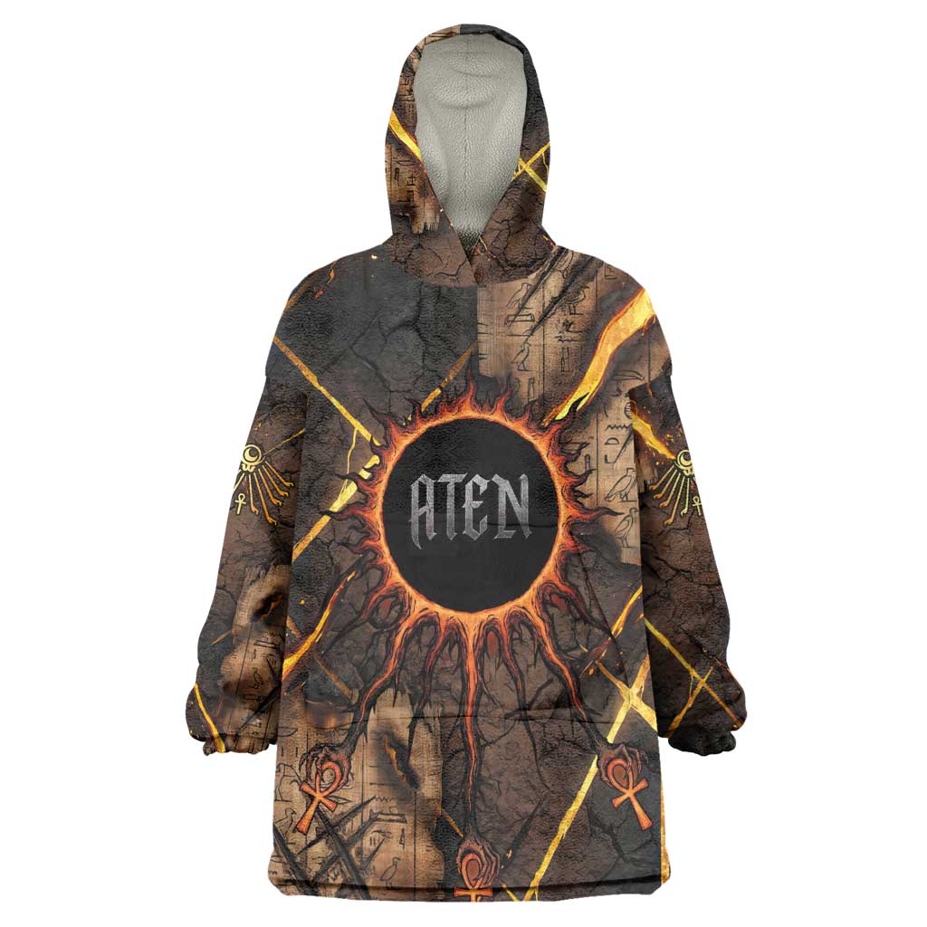 Aten Wearable Blanket Hoodie Ancient Egyptian Cracked Stone Hieroglyph, Solar Eclipse Emblem, and Radiant Sunburst - African Pride