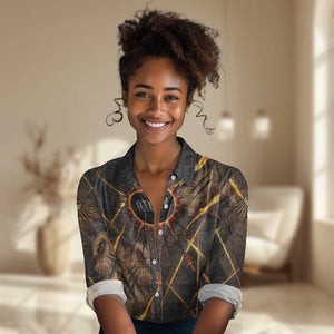 Aten Women Casual Shirt Ancient Egyptian Cracked Stone Hieroglyph, Solar Eclipse Emblem, and Radiant Sunburst - African Pride