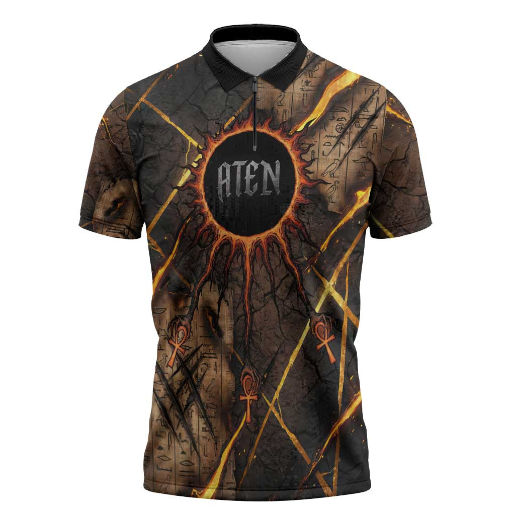 Aten Zipper Polo Shirt Ancient Egyptian Cracked Stone Hieroglyph, Solar Eclipse Emblem, and Radiant Sunburst - African Pride