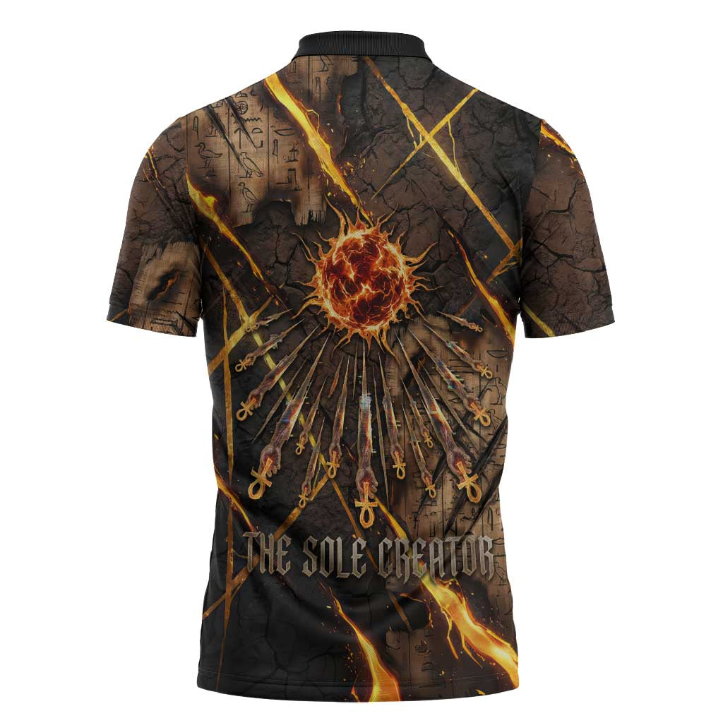 Aten Zipper Polo Shirt Ancient Egyptian Cracked Stone Hieroglyph, Solar Eclipse Emblem, and Radiant Sunburst - African Pride
