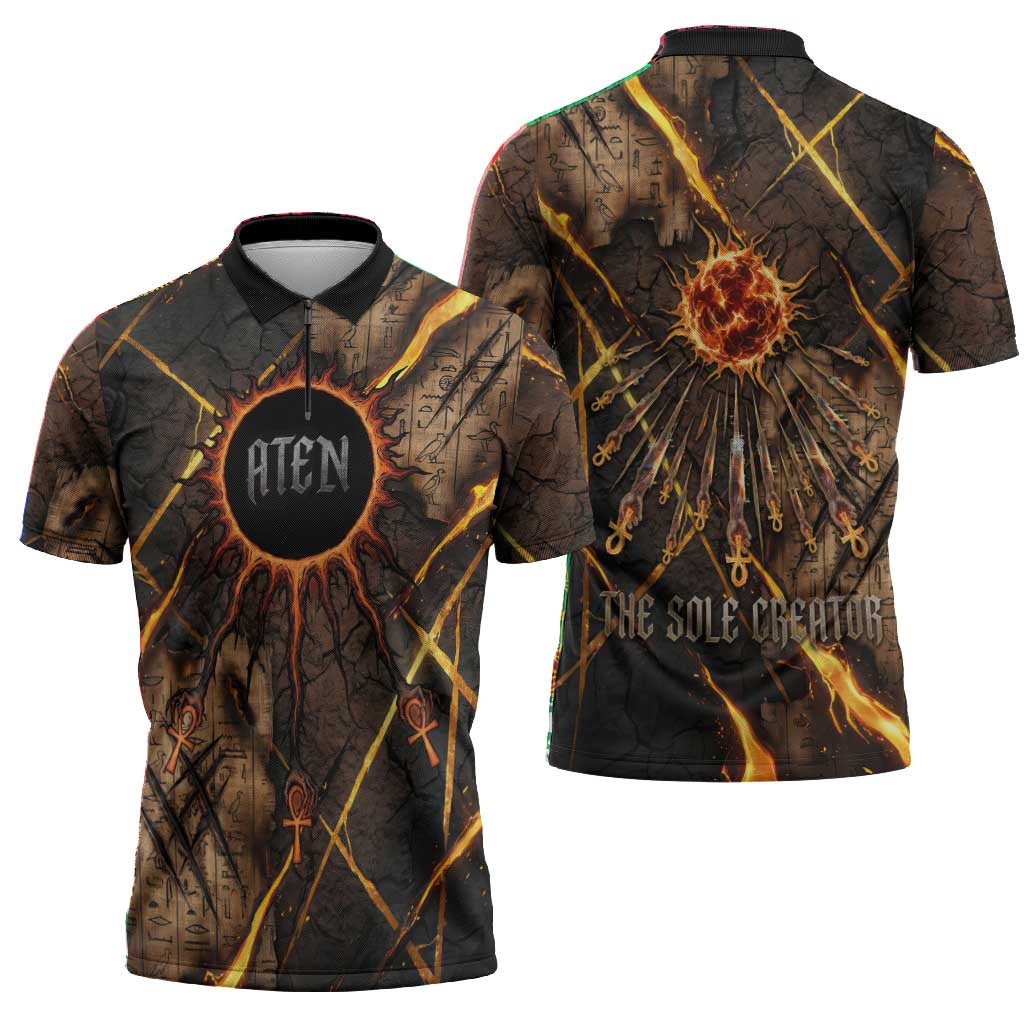 Aten Zipper Polo Shirt Ancient Egyptian Cracked Stone Hieroglyph, Solar Eclipse Emblem, and Radiant Sunburst - African Pride