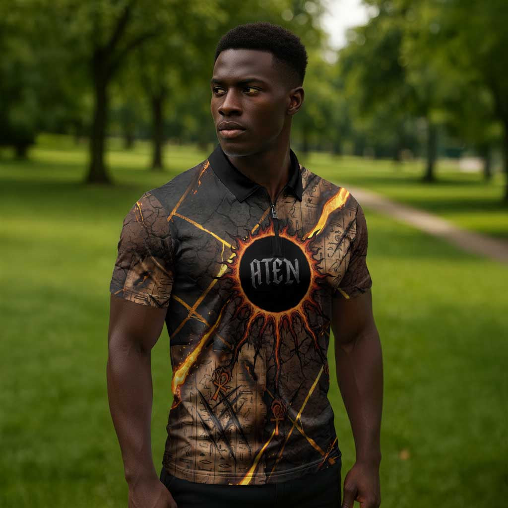 Aten Zipper Polo Shirt Ancient Egyptian Cracked Stone Hieroglyph, Solar Eclipse Emblem, and Radiant Sunburst - African Pride