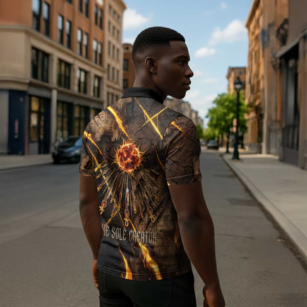 Aten Zipper Polo Shirt Ancient Egyptian Cracked Stone Hieroglyph, Solar Eclipse Emblem, and Radiant Sunburst - African Pride