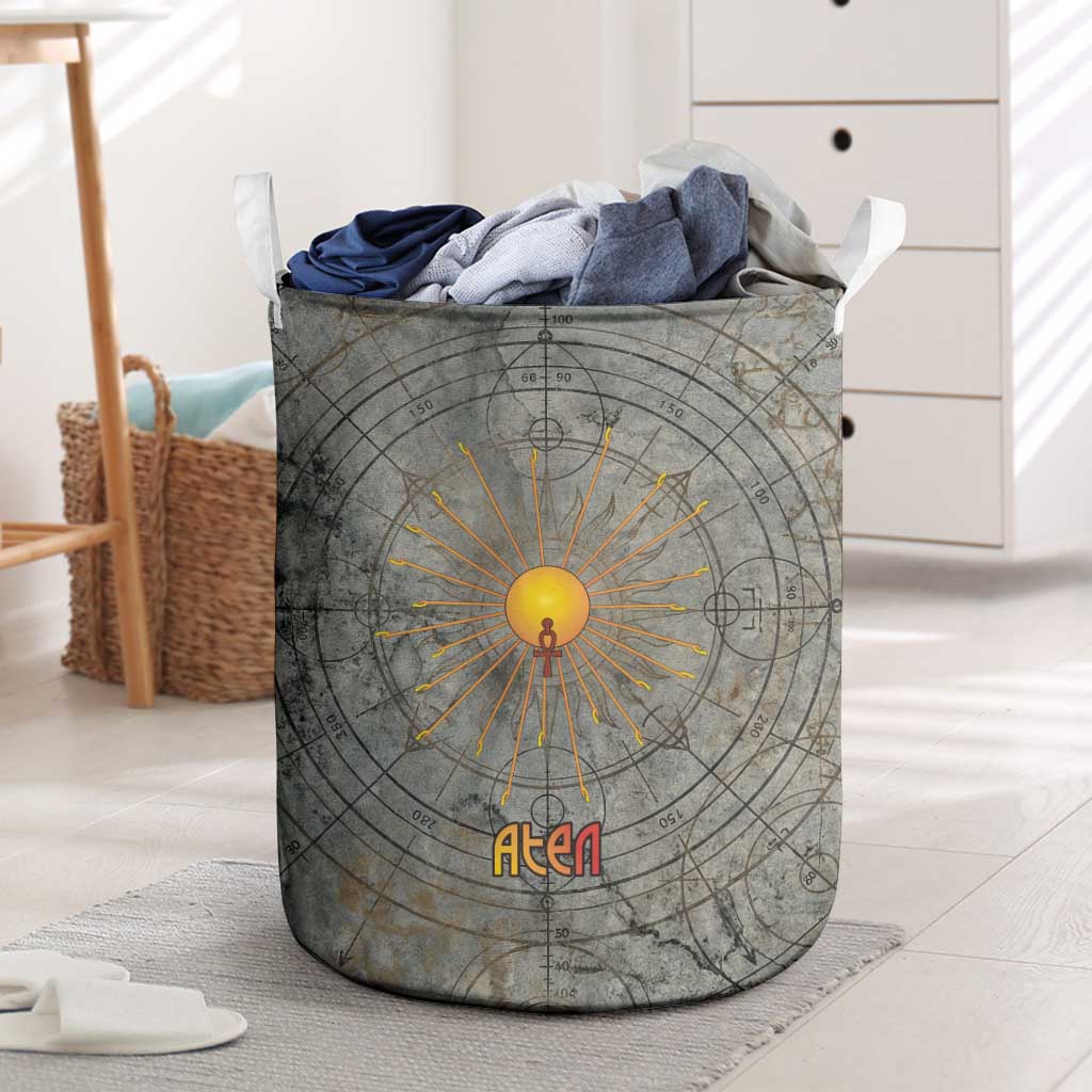 Aten Ancient Egyptian Laundry Basket with Gray Astronomical Chart, Radiant Sun Disc Emblem, and Ankh - African Pride