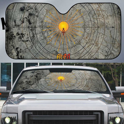 Aten Ancient Egyptian Auto Sun Shade with Gray Astronomical Chart, Radiant Sun Disc Emblem, and Ankh - African Pride