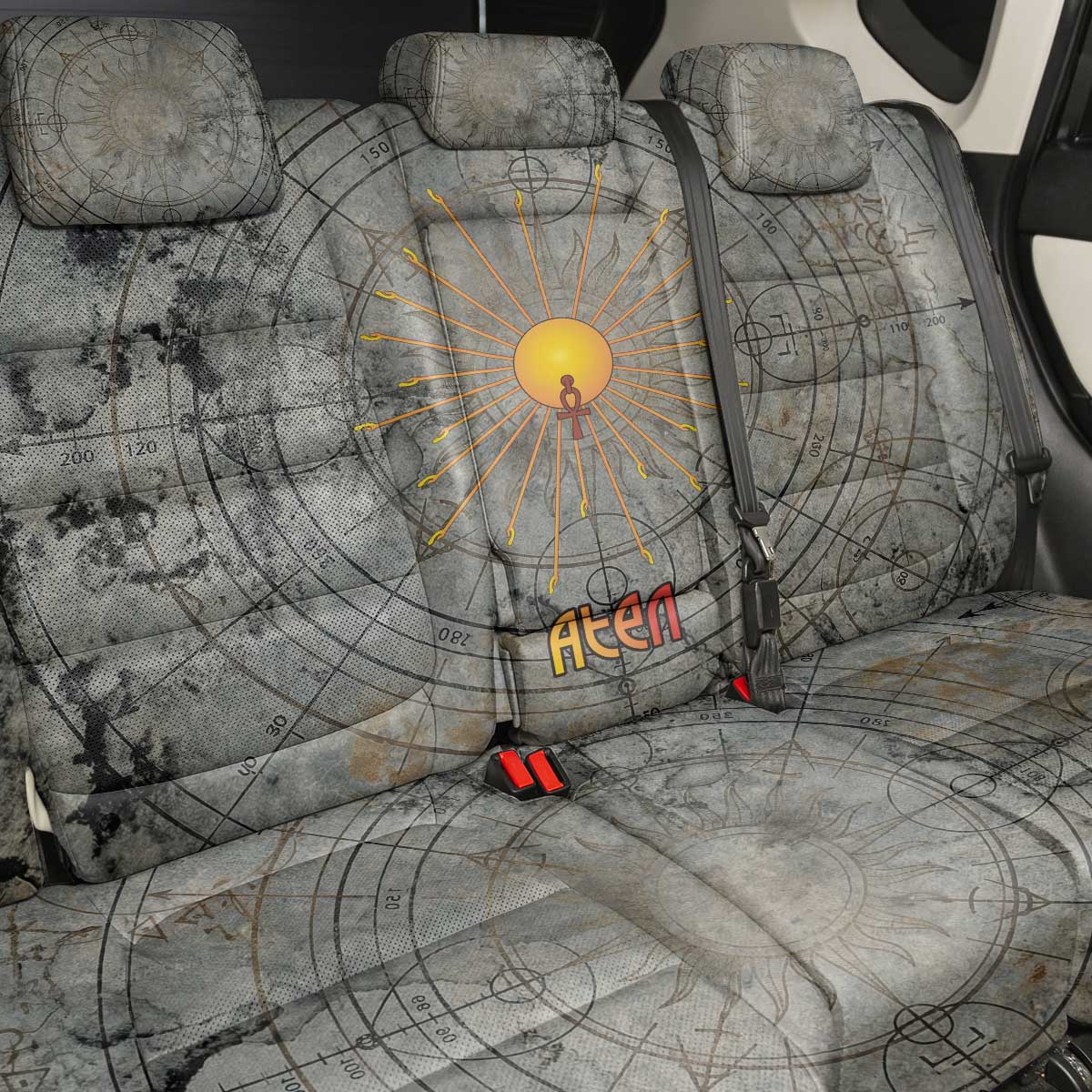 Aten Ancient Egyptian Back Car Seat Cover with Gray Astronomical Chart, Radiant Sun Disc Emblem, and Ankh - African Pride