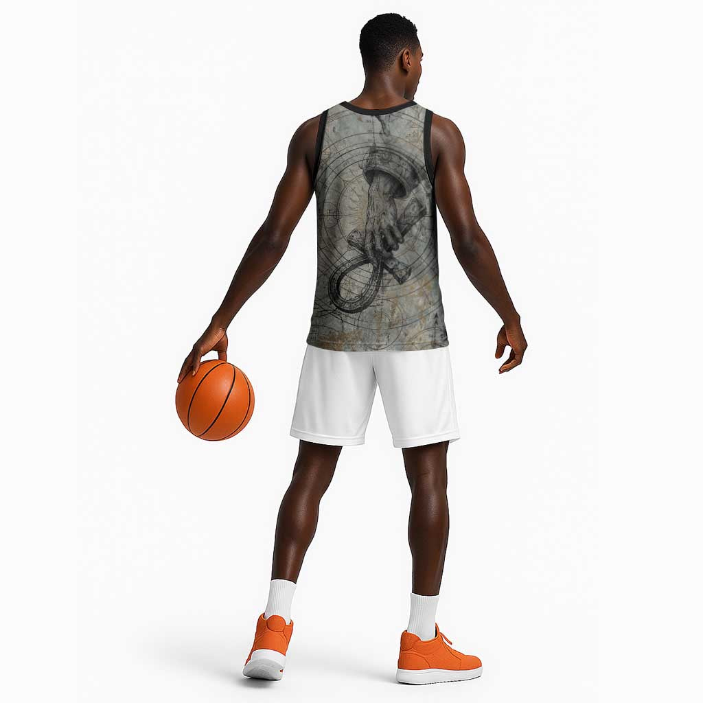 Aten Ancient Egyptian Basketball Jersey with Gray Astronomical Chart, Radiant Sun Disc Emblem, and Ankh - African Pride