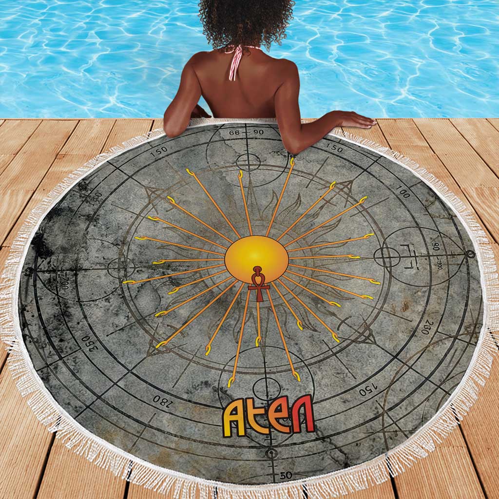 Aten Ancient Egyptian Beach Blanket with Gray Astronomical Chart, Radiant Sun Disc Emblem, and Ankh - African Pride