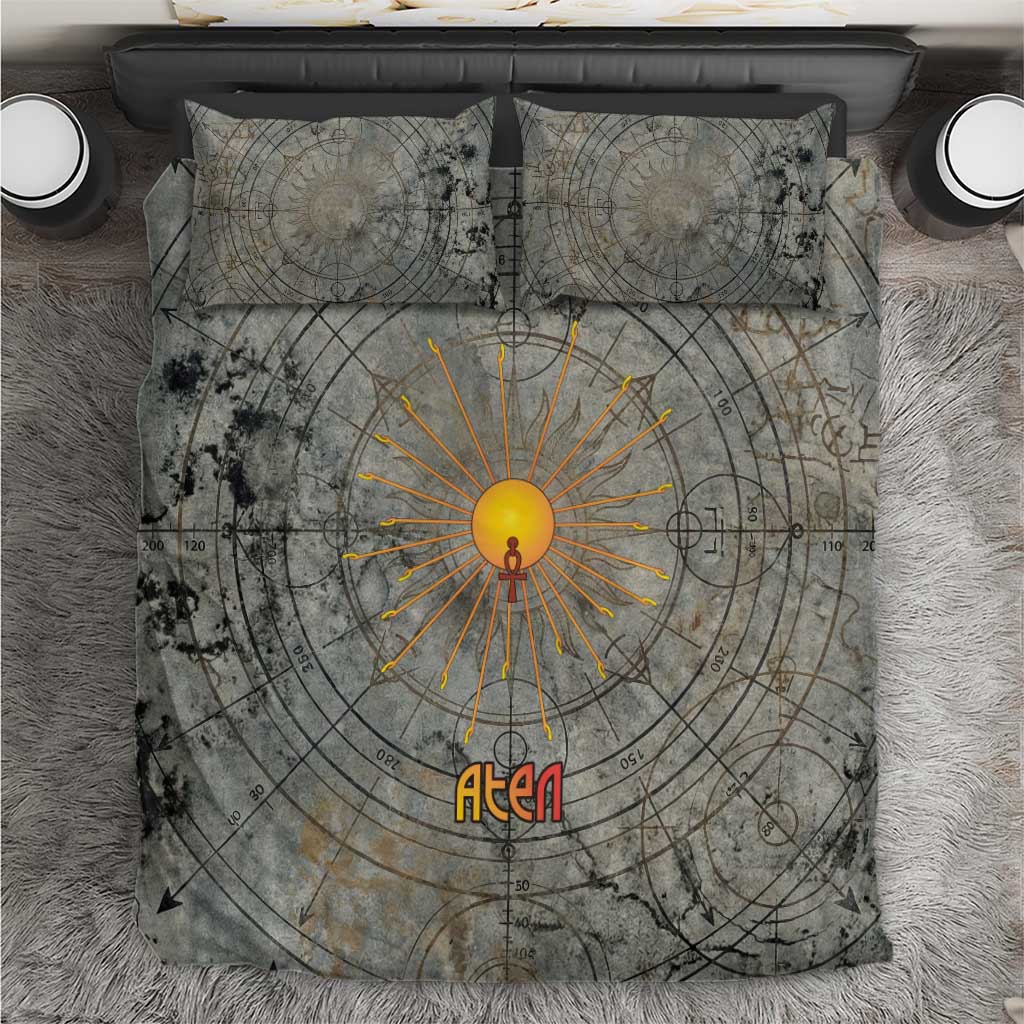 Aten Ancient Egyptian Bedding Set with Gray Astronomical Chart, Radiant Sun Disc Emblem, and Ankh - African Pride