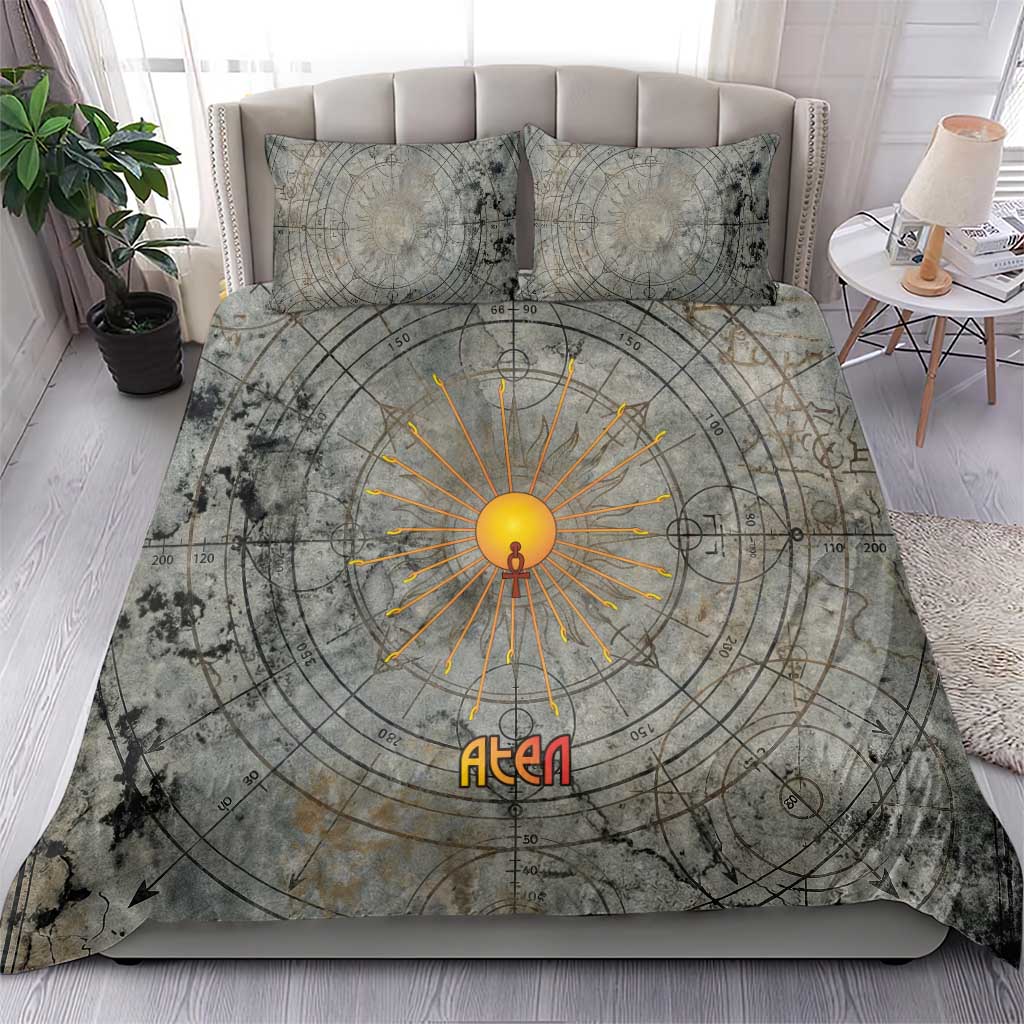Aten Ancient Egyptian Bedding Set with Gray Astronomical Chart, Radiant Sun Disc Emblem, and Ankh - African Pride