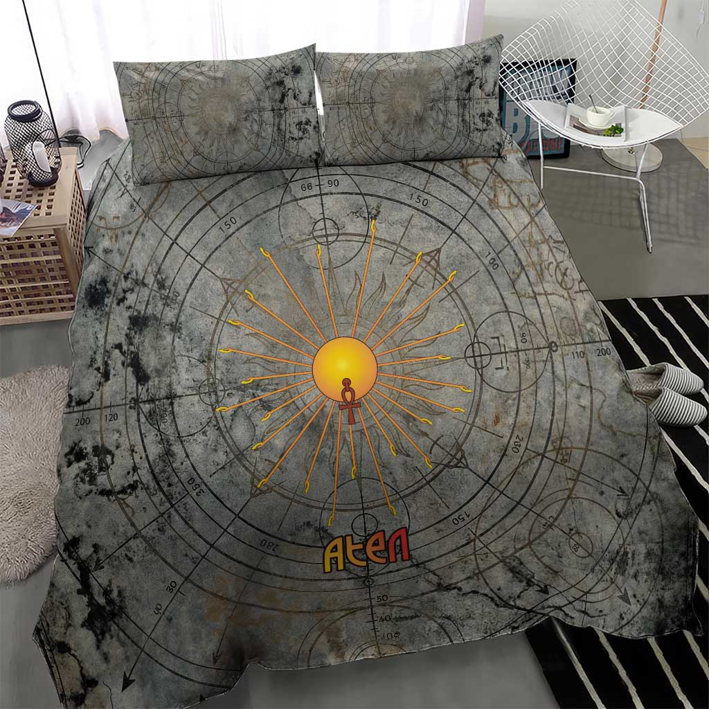 Aten Ancient Egyptian Bedding Set with Gray Astronomical Chart, Radiant Sun Disc Emblem, and Ankh - African Pride