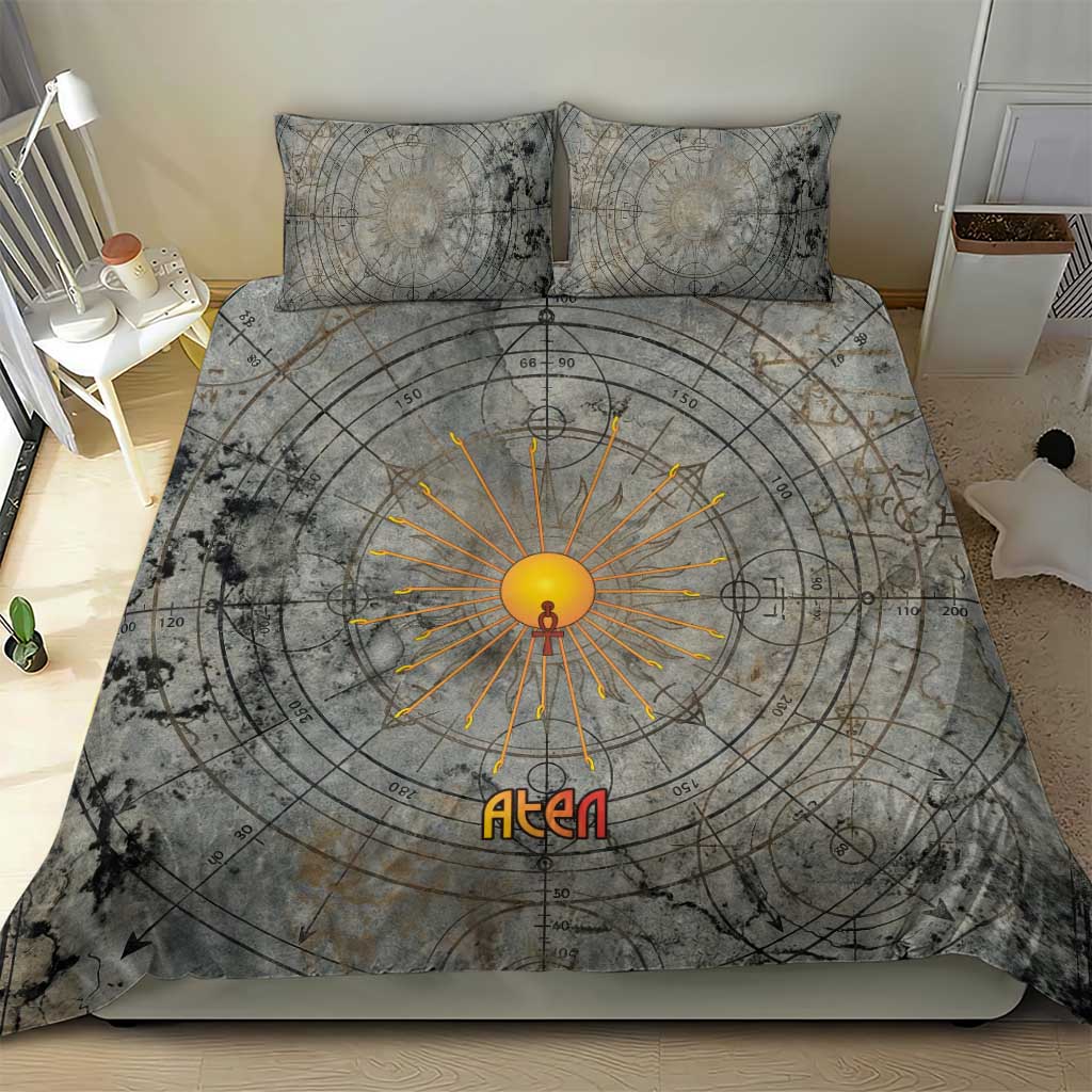 Aten Ancient Egyptian Bedding Set with Gray Astronomical Chart, Radiant Sun Disc Emblem, and Ankh - African Pride