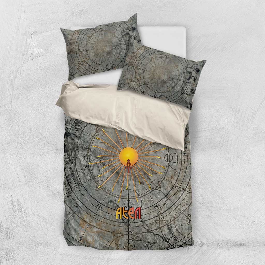 Aten Ancient Egyptian Bedding Set with Gray Astronomical Chart, Radiant Sun Disc Emblem, and Ankh - African Pride