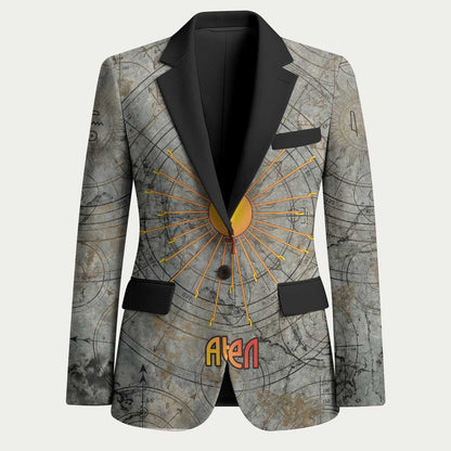 Aten Ancient Egyptian Blazer with Gray Astronomical Chart, Radiant Sun Disc Emblem, and Ankh - African Pride