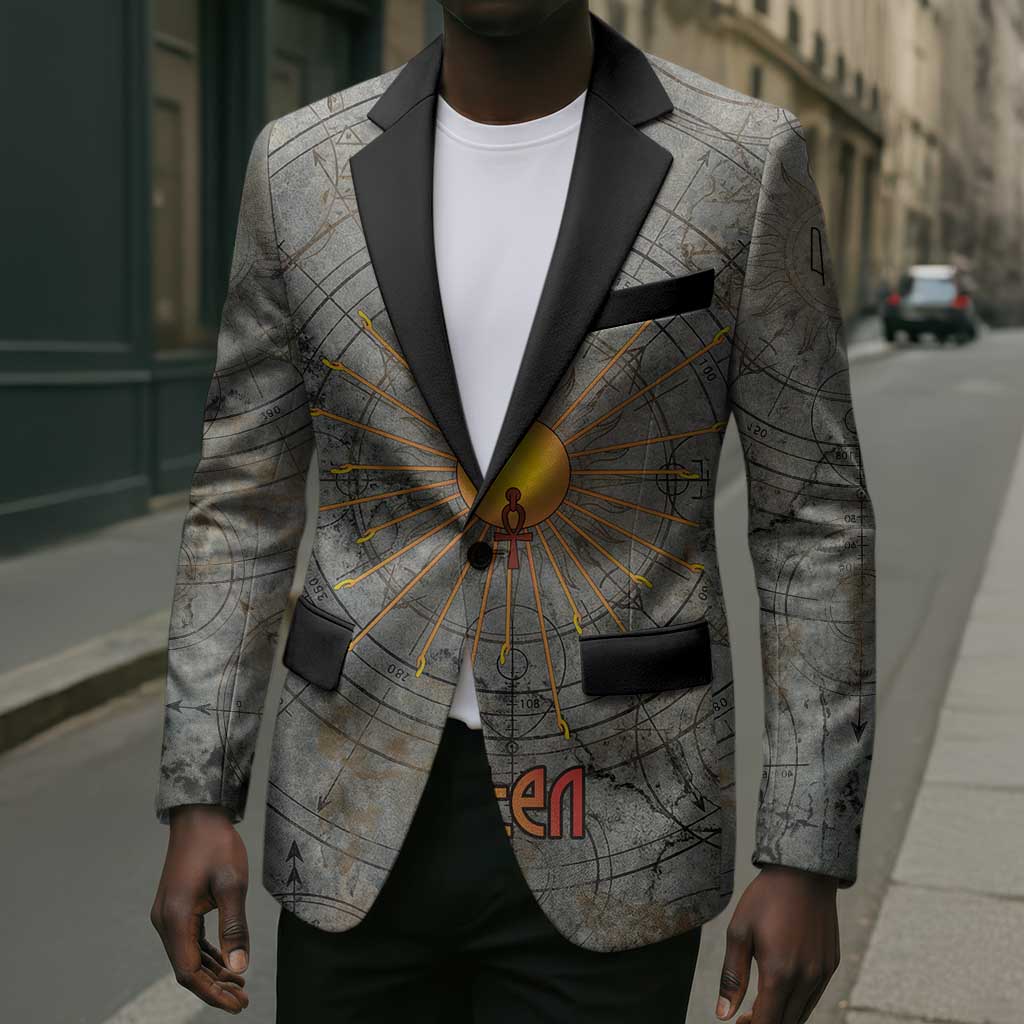 Aten Ancient Egyptian Blazer with Gray Astronomical Chart, Radiant Sun Disc Emblem, and Ankh - African Pride