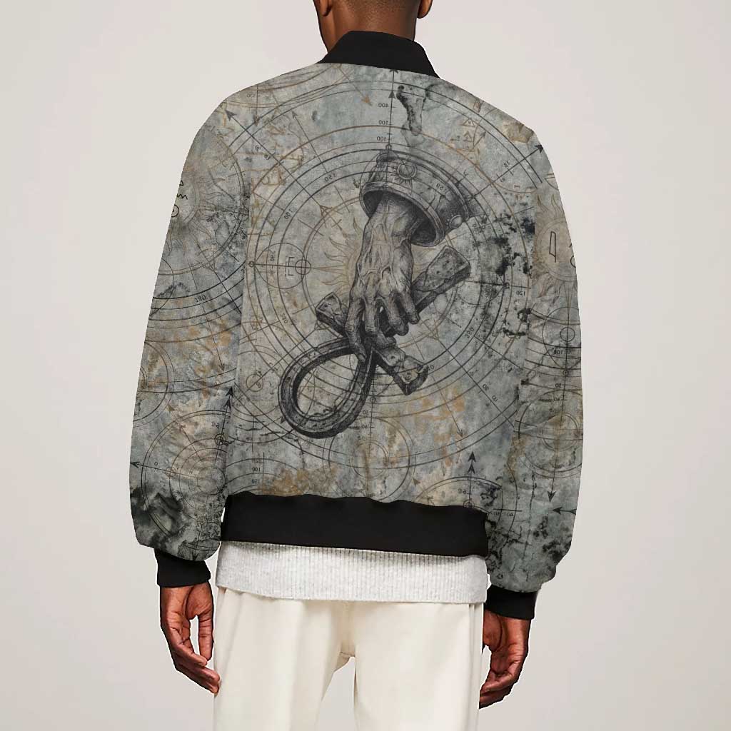 Aten Ancient Egyptian Bomber Jacket with Gray Astronomical Chart, Radiant Sun Disc Emblem, and Ankh - African Pride