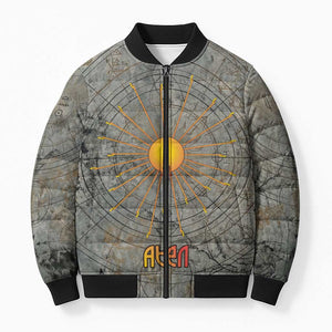 Aten Ancient Egyptian Bomber Puffer Jacket with Gray Astronomical Chart, Radiant Sun Disc Emblem, and Ankh - African Pride