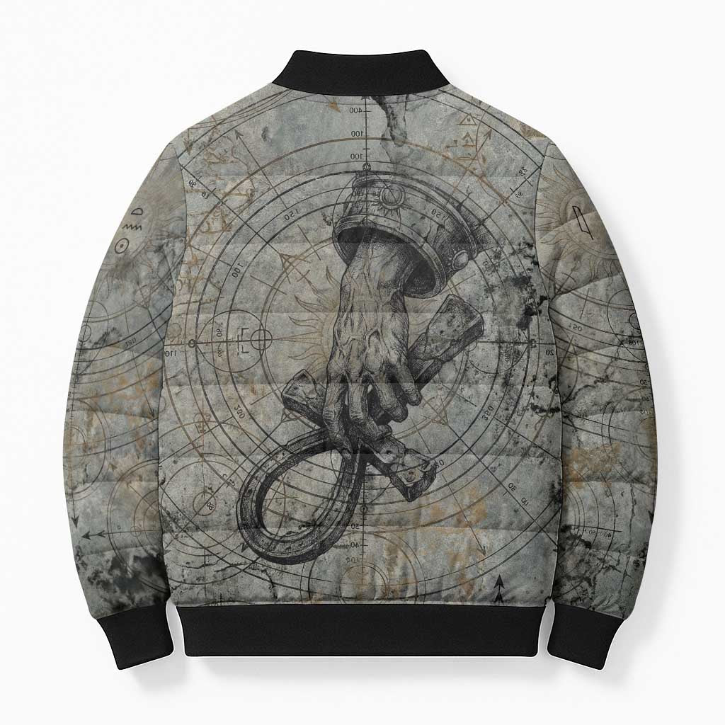 Aten Ancient Egyptian Bomber Puffer Jacket with Gray Astronomical Chart, Radiant Sun Disc Emblem, and Ankh - African Pride