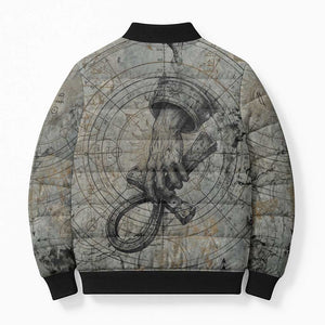 Aten Ancient Egyptian Bomber Puffer Jacket with Gray Astronomical Chart, Radiant Sun Disc Emblem, and Ankh - African Pride