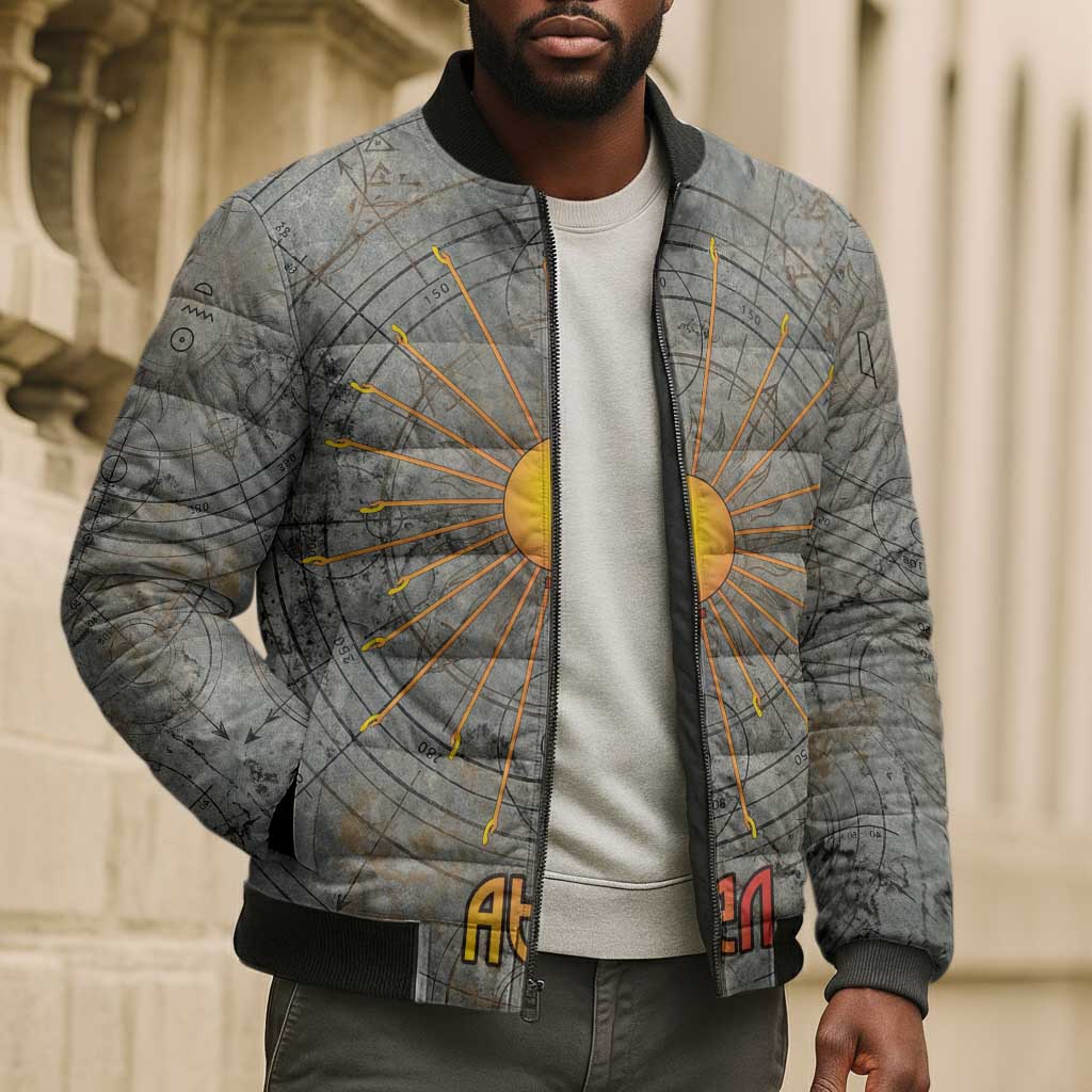Aten Ancient Egyptian Bomber Puffer Jacket with Gray Astronomical Chart, Radiant Sun Disc Emblem, and Ankh - African Pride