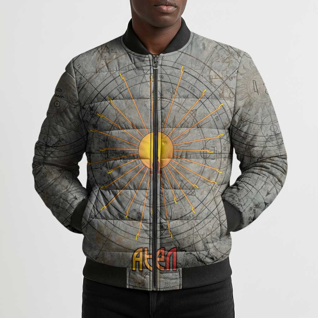 Aten Ancient Egyptian Bomber Puffer Jacket with Gray Astronomical Chart, Radiant Sun Disc Emblem, and Ankh - African Pride