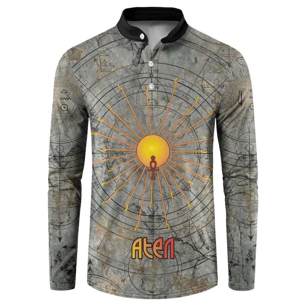 Aten Ancient Egyptian Button Sweatshirt with Gray Astronomical Chart, Radiant Sun Disc Emblem, and Ankh