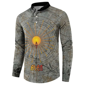Aten Ancient Egyptian Button Sweatshirt with Gray Astronomical Chart, Radiant Sun Disc Emblem, and Ankh