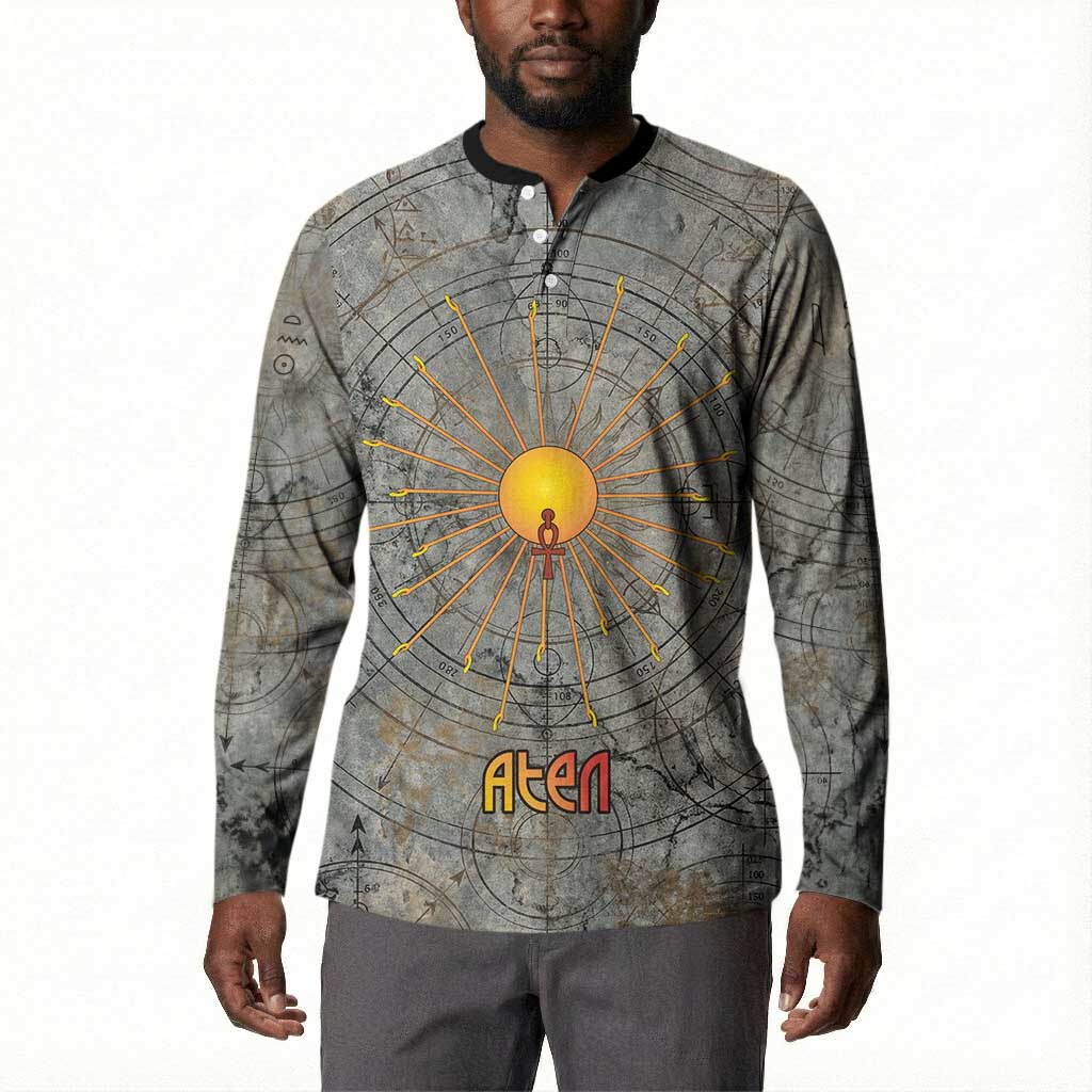 Aten Ancient Egyptian Button Sweatshirt with Gray Astronomical Chart, Radiant Sun Disc Emblem, and Ankh