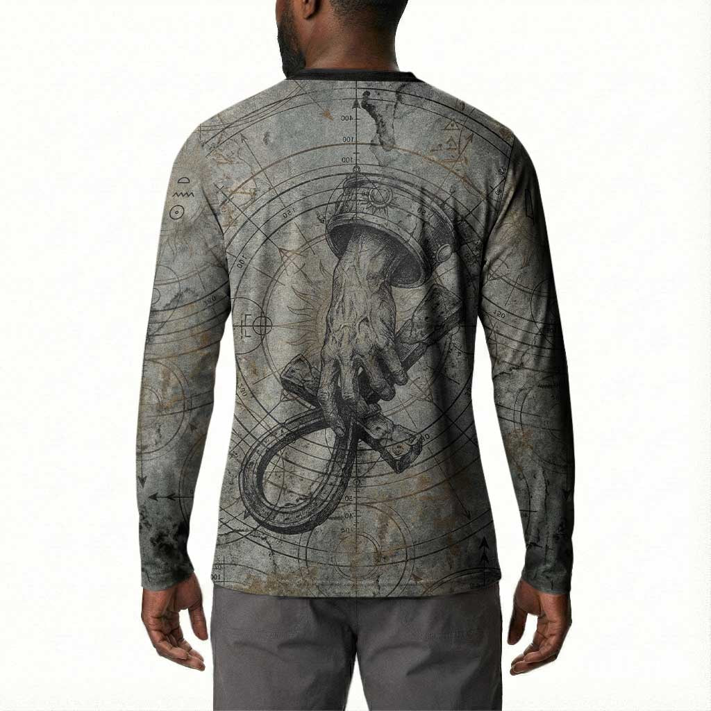 Aten Ancient Egyptian Button Sweatshirt with Gray Astronomical Chart, Radiant Sun Disc Emblem, and Ankh
