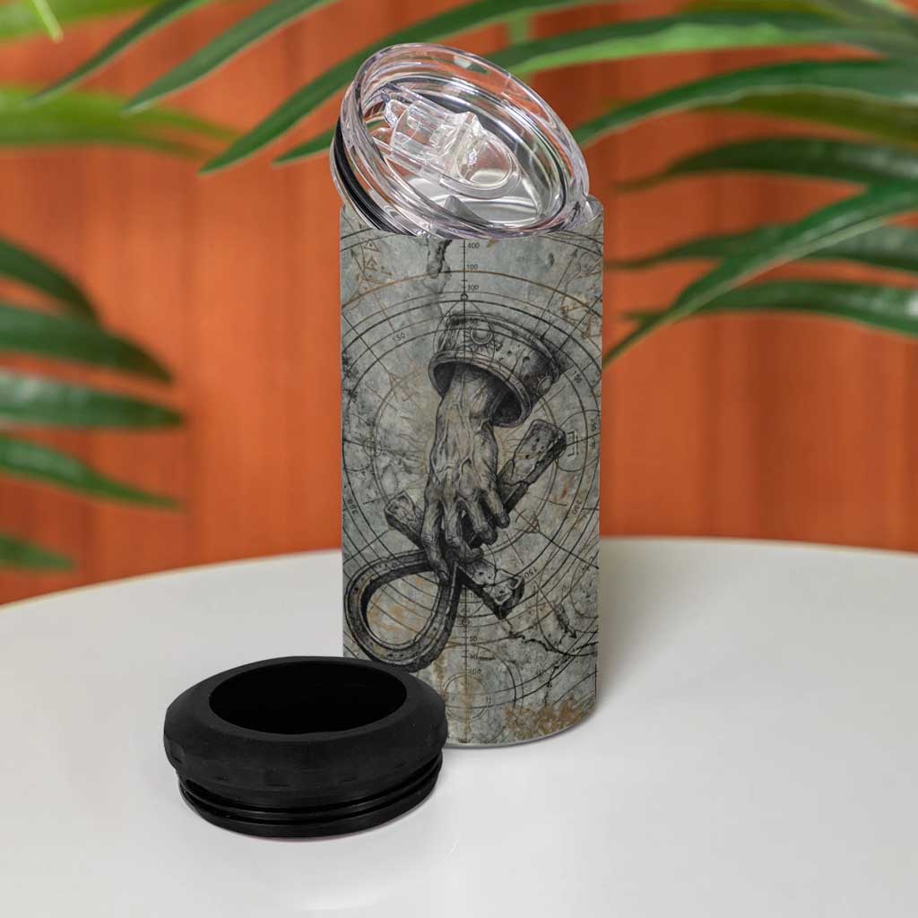 Aten Ancient Egyptian 4 in 1 Can Cooler Tumbler with Gray Astronomical Chart, Radiant Sun Disc Emblem, and Ankh - African Pride