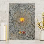 Aten Ancient Egyptian Canvas Wall Art with Gray Astronomical Chart, Radiant Sun Disc Emblem, and Ankh - African Pride