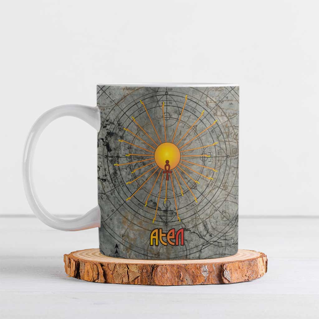 Aten Ancient Egyptian Ceramic Mug with Gray Astronomical Chart, Radiant Sun Disc Emblem, and Ankh - African Pride