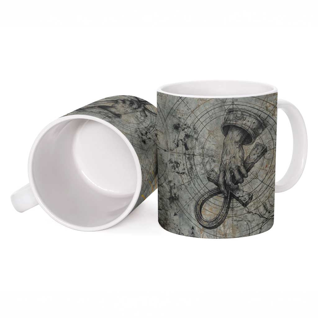 Aten Ancient Egyptian Ceramic Mug with Gray Astronomical Chart, Radiant Sun Disc Emblem, and Ankh - African Pride