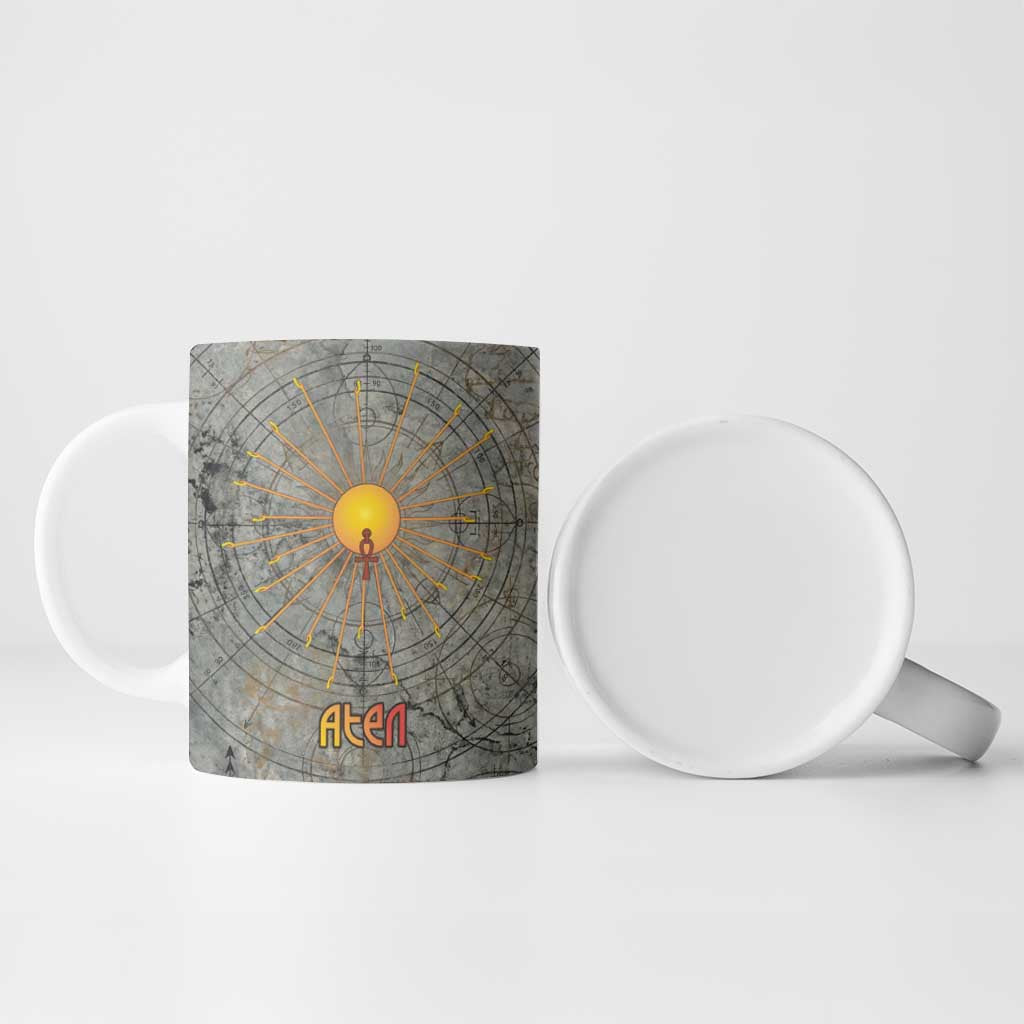 Aten Ancient Egyptian Ceramic Mug with Gray Astronomical Chart, Radiant Sun Disc Emblem, and Ankh - African Pride