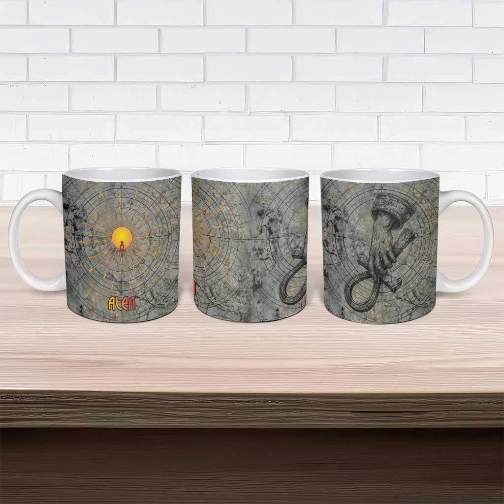 Aten Ancient Egyptian Ceramic Mug with Gray Astronomical Chart, Radiant Sun Disc Emblem, and Ankh - African Pride