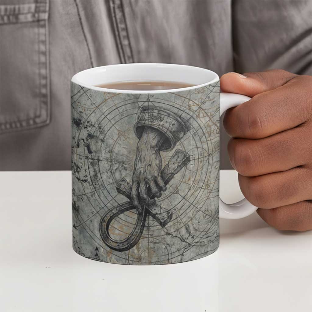 Aten Ancient Egyptian Ceramic Mug with Gray Astronomical Chart, Radiant Sun Disc Emblem, and Ankh - African Pride