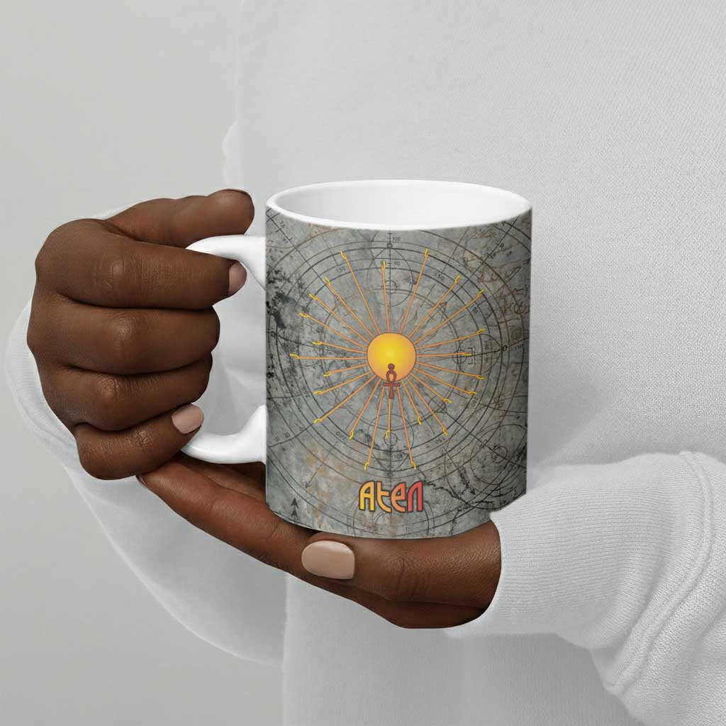 Aten Ancient Egyptian Ceramic Mug with Gray Astronomical Chart, Radiant Sun Disc Emblem, and Ankh - African Pride